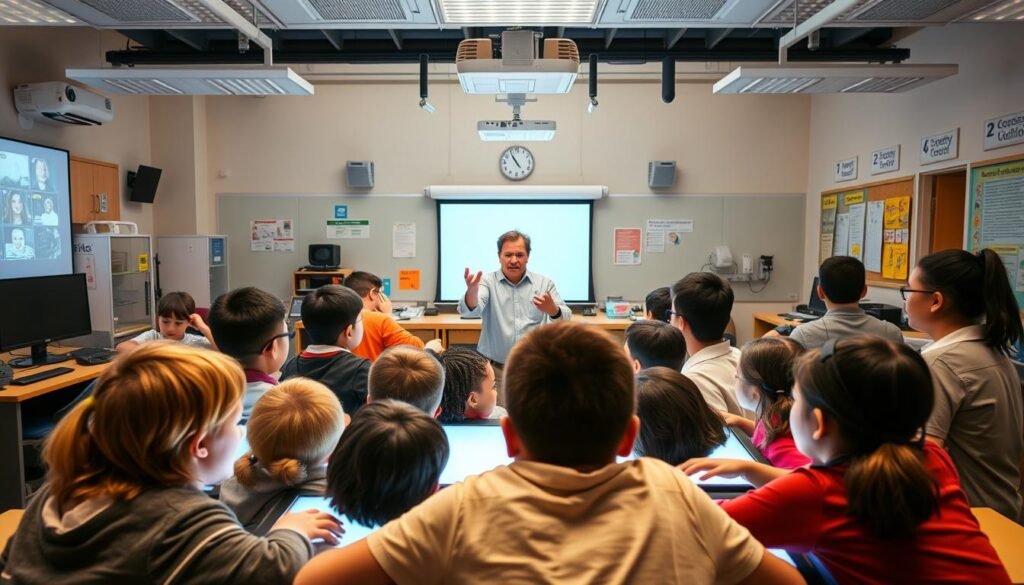 A classroom setting with students and teachers engaged in a technology-driven lesson. In the foreground, a group of students huddled around a large interactive display, their faces lit by the soft glow of the screen. In the middle ground, a teacher gestures animatedly, guiding the class through the lesson. The background is a well-equipped, modern classroom with various educational technologies, including projectors, computers, and learning tools. The lighting is warm and natural, creating a sense of focused learning and exploration. The overall atmosphere conveys the challenges and opportunities of integrating technology into the educational landscape.