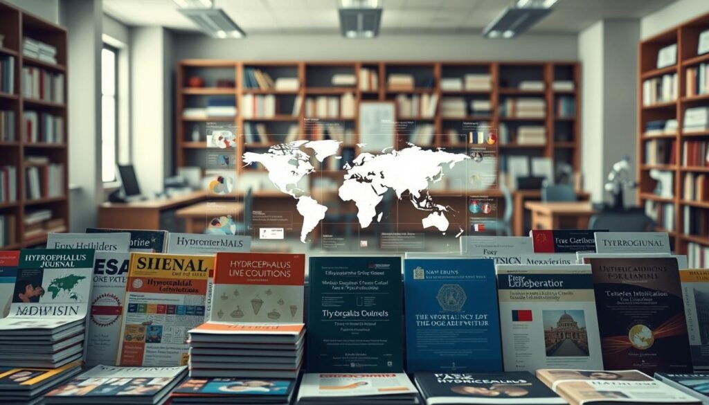 A comparative analysis of international hydrocephalus journals, presented as a visually striking infographic. In the foreground, a diverse collection of academic journal covers from various countries, neatly arranged to highlight their distinct designs and branding. The middle ground features a central visualization, such as a world map or data visualization, showcasing the geographical distribution and key statistics of hydrocephalus research globally. The background subtly suggests an academic setting, with muted tones of bookshelves, desks, and scientific instruments, creating a contemplative and scholarly atmosphere. The lighting is soft and evenly distributed, lending a sense of professionalism and authority to the scene. The overall composition should convey a comprehensive, data-driven, and cross-cultural perspective on the international landscape of hydrocephalus-related publications.