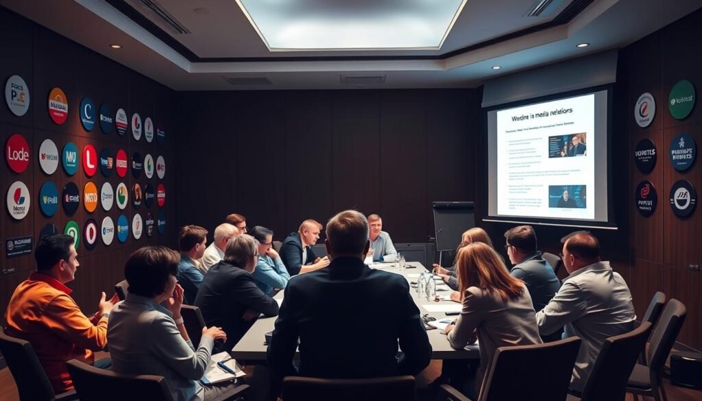 A dimly lit conference room, the walls adorned with the logos of various political parties. In the center, a group of individuals gathered around a long table, engaged in a collaborative workshop on media relations. The lighting is warm and inviting, casting a soft glow on the participants' faces as they discuss strategies and exchange ideas. In the background, a large projection screen displays relevant information, creating an atmosphere of professionalism and focus. The scene conveys a sense of cooperation and camaraderie, as the participants work together to improve their media outreach and engagement.