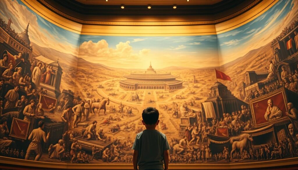 A grand historical mural, illuminated by warm, golden lighting that casts a sense of timeless elegance. In the foreground, a young person stands in awe, captivated by the stories unfolding before them. The middle ground features a panoramic tapestry of pivotal moments, from heroic battles to cultural breakthroughs, depicted with intricate detail and emotional depth. The background showcases a vast, majestic landscape, hinting at the scale and scope of the narratives that have shaped the past. The overall composition conveys a profound sense of inspiration, as the viewer is drawn into the richness of history and its capacity to ignite the imagination of a new generation.