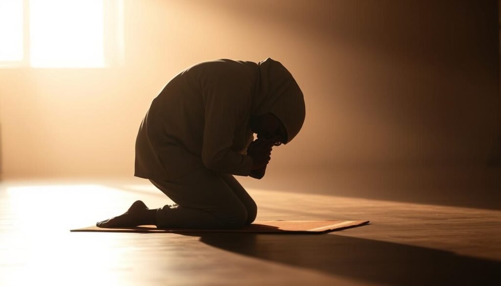 A serene and contemplative figure kneeling in the traditional pose of sujud tilawah, their forehead gently touching the ground. The scene is bathed in warm, diffused lighting, creating a reverent and introspective atmosphere. The background is simple and uncluttered, allowing the subject to be the focal point. The figure's posture and expression convey a sense of humility, devotion, and connection with the divine. The image captures the essence of this spiritual practice, inviting the viewer to reflect on the significance of sujud tilawah and its role in cultivating mindfulness and inner peace.