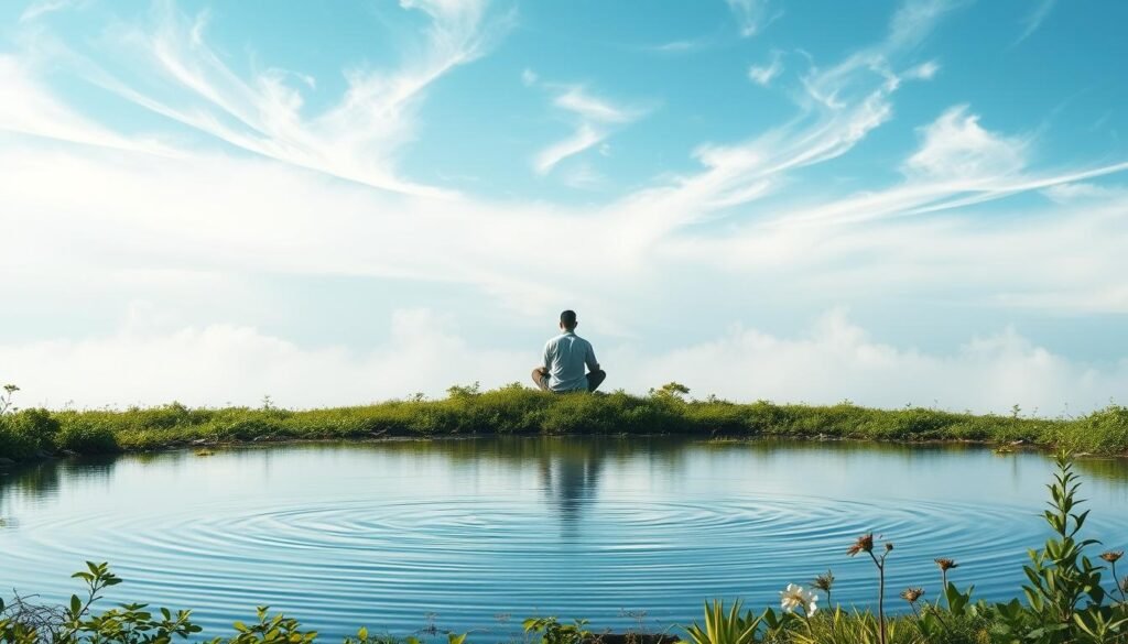 A serene, contemplative landscape depicting the essence of "kesimpulan hidrosefalus". In the foreground, a tranquil body of water reflects the sky above, its surface gently rippling. Surrounding the water, lush greenery and flourishing vegetation create a calming, natural atmosphere. In the middle ground, a lone figure sits cross-legged, deeply immersed in thought, representing the introspective nature of the subject. Overhead, the sky is filled with wispy, ethereal clouds, casting a soft, diffused light upon the scene. The overall mood is one of introspection, clarity, and a deeper understanding of the complexities of hydrocepha lus. The composition is balanced and harmonious, inviting the viewer to pause and contemplate the insights presented in the journal.