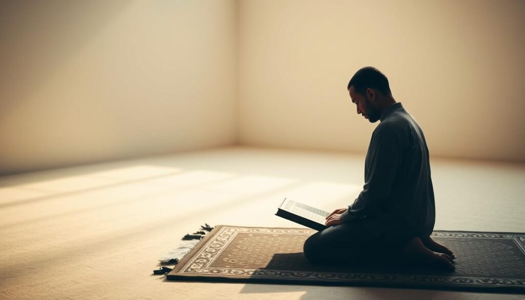 A serene figure performing the ritual of sujud tilawah, prostrating in reverence during Quranic recitation. The devout worshipper kneels on a plush prayer rug, head touching the ground in humble submission, surrounded by a tranquil, minimalist interior. Soft, diffused lighting casts a warm glow, creating an atmosphere of introspection and spiritual contemplation. The scene evokes a sense of peace, focus, and a deep connection with the divine. The pose and setting capture the essence of this sacred moment, visually conveying the importance of finding the right time and place to perform this act of devotion.