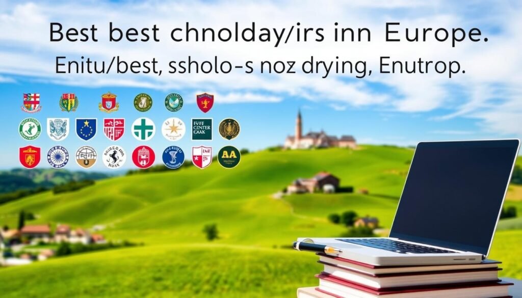 A serene landscape of rolling green hills, dotted with picturesque European-style architecture. In the foreground, a stack of books and an open laptop, signifying the academic focus. The midground features a display of various university crests and scholarship logos, highlighting the diverse educational opportunities available. In the background, a clear blue sky with wispy clouds, conveying a sense of possibility and openness. The lighting is soft and natural, creating a warm, inviting atmosphere. The overall composition suggests a welcoming and informative presentation of the best scholarship options for studying in Europe.