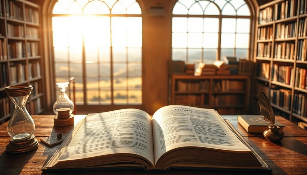 A serene library setting, bathed in warm, golden lighting. In the foreground, an open history book rests on a wooden table, its pages inviting the reader to explore the past. Surrounding the book, academic artifacts like an hourglass, quill, and inkwell evoke a contemplative, scholarly atmosphere. In the middle ground, bookshelves line the walls, their spines revealing the titles of renowned history texts. Through large, arched windows, a picturesque landscape of rolling hills and a distant horizon comes into view, symbolizing the expansive knowledge and perspectives gained through historical literacy. An air of tranquility and intellectual curiosity permeates the scene, encouraging the viewer to appreciate the profound benefits of engaging with history.