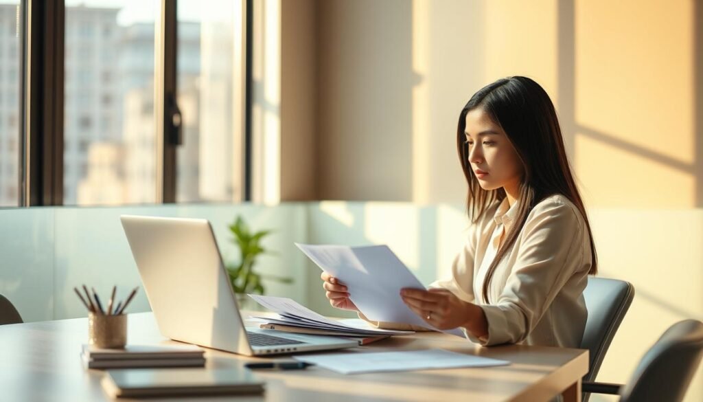 A serene office scene with a young professional diligently navigating the process of applying for a prestigious scholarship. Warm natural lighting from a large window casts a soft glow, illuminating a clean, minimalist desk adorned with a laptop, pen, and neatly organized documents. In the middle ground, the applicant carefully reviews application forms, their focused expression conveying the gravity of the task at hand. The background is subtly blurred, hinting at the broader context of opportunity and possibility that this scholarship represents. The overall atmosphere is one of quiet determination, underscoring the dedicated effort required to secure this life-changing educational chance.