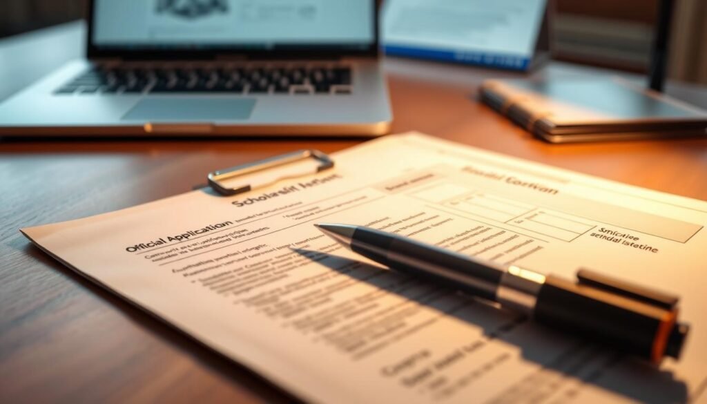 A well-organized and detailed application document for a scholarship, illuminated by soft, warm lighting and captured from a high angle. The foreground showcases the key elements - an official application form, supporting documents, and a pen poised to fill in the details. The middle ground features a laptop or tablet, conveying the digital submission process. The background is blurred, creating a focus on the application materials. The overall atmosphere is one of professionalism, diligence, and the promise of educational opportunity.
