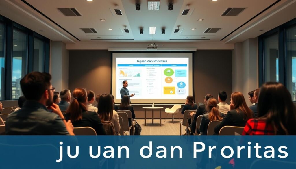 A workshop on social media training and media ethics, set in a well-lit, modern classroom. In the foreground, a group of diverse professionals engaged in a lively discussion, their expressions thoughtful and attentive. The middle ground features a large projection screen displaying infographics and diagrams, guiding the participants through key concepts. The background showcases a minimalist, yet elegant decor, with sleek furniture and large windows, conveying a sense of professionalism and innovation. Soft, warm lighting illuminates the scene, creating a welcoming and productive atmosphere for the workshop's "Tujuan dan Prioritas".