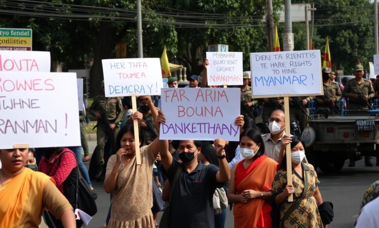 Demonstrasi damai di Myanmar pasca kudeta militer 2021 dihadapi dengan kekerasan oleh aparat keamanan, menunjukkan isu HAM di Myanmar yang semakin memburuk