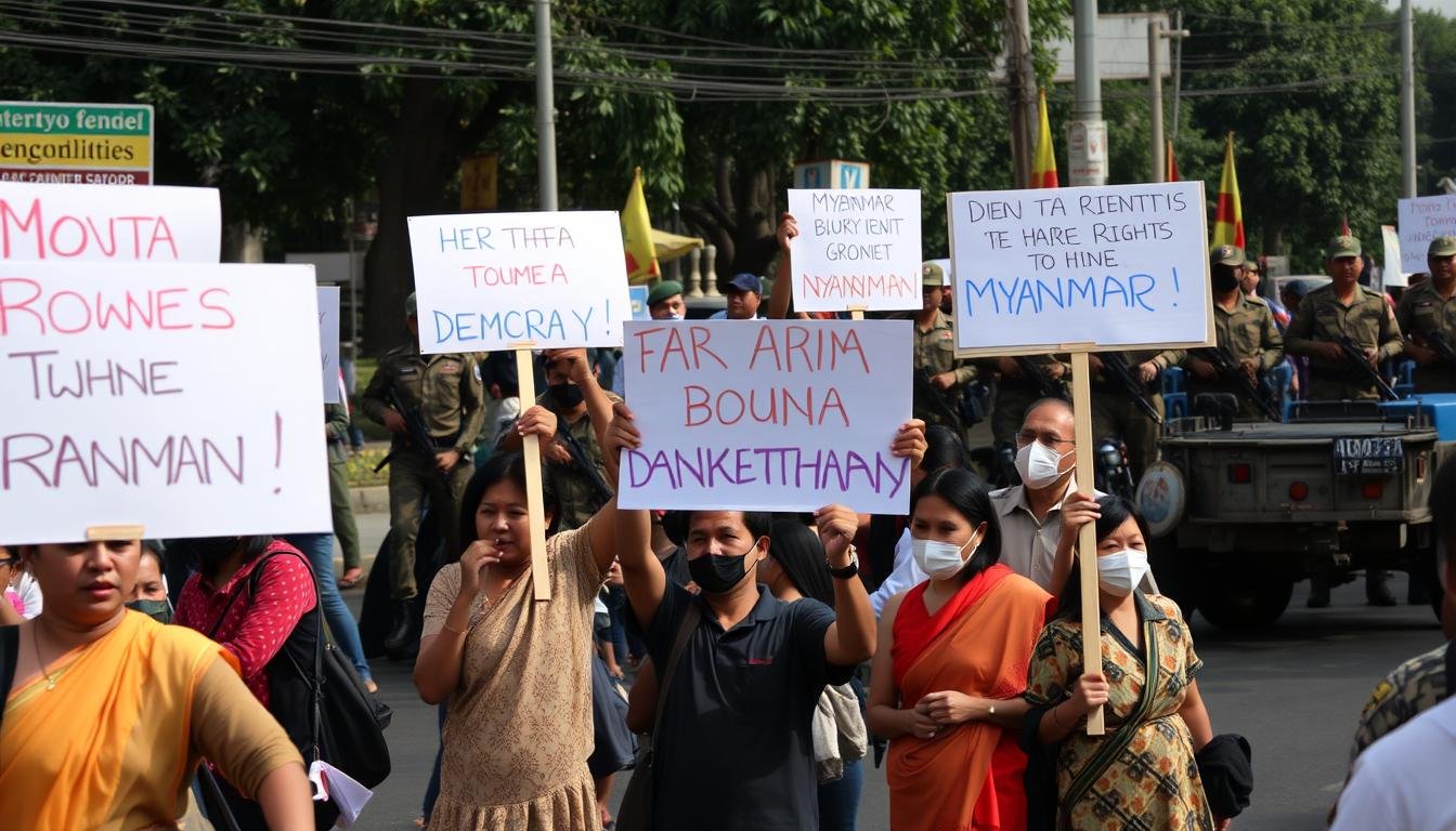 Demonstrasi damai di Myanmar pasca kudeta militer 2021 dihadapi dengan kekerasan oleh aparat keamanan, menunjukkan isu HAM di Myanmar yang semakin memburuk