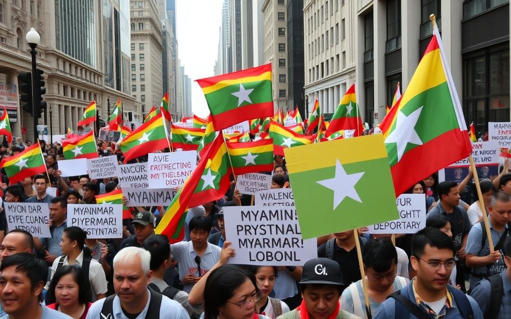 Demonstrasi global mendukung demokrasi Myanmar dan menentang pelanggaran HAM di Myanmar, menunjukkan solidaritas internasional