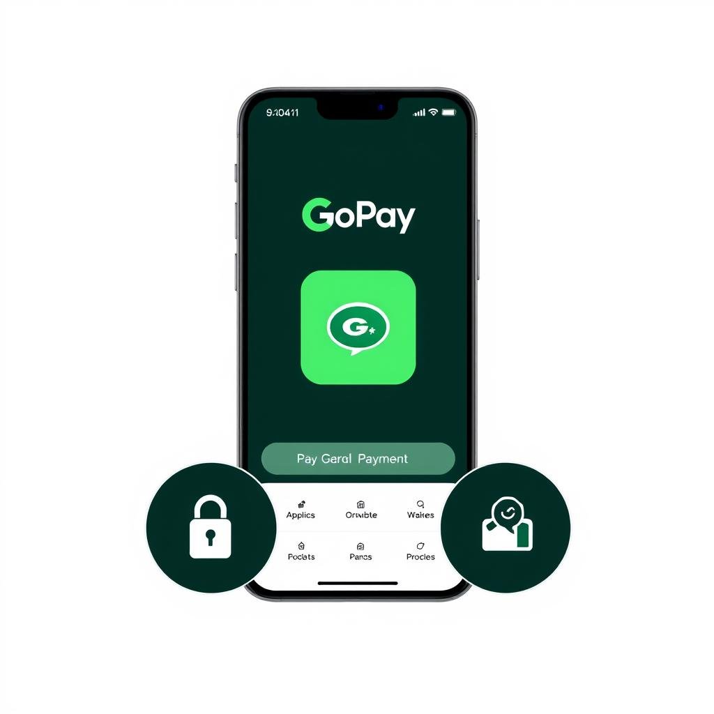 Logo dan tampilan aplikasi GoPay sebagai platform pembayaran online terpercaya Logo dan tampilan aplikasi GoPay sebagai platform pembayaran online terpercaya