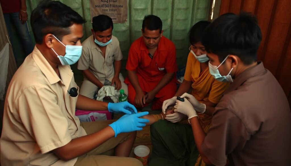 Pengunjuk rasa terluka dirawat di klinik darurat rahasia, menggambarkan pelanggaran HAM di Myanmar berupa serangan terhadap warga sipil