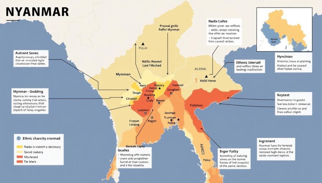 Peta konflik di Myanmar menunjukkan wilayah-wilayah yang terdampak pelanggaran HAM di Myanmar, dengan fokus pada daerah etnis minoritas