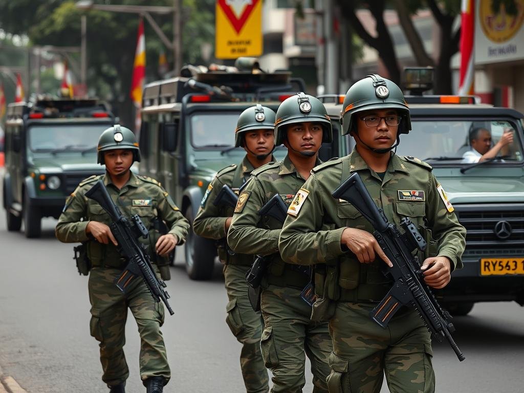 Tentara Myanmar (Tatmadaw) melakukan patroli di jalan-jalan Yangon pasca kudeta, menunjukkan militarisasi yang menjadi akar isu HAM di Myanmar