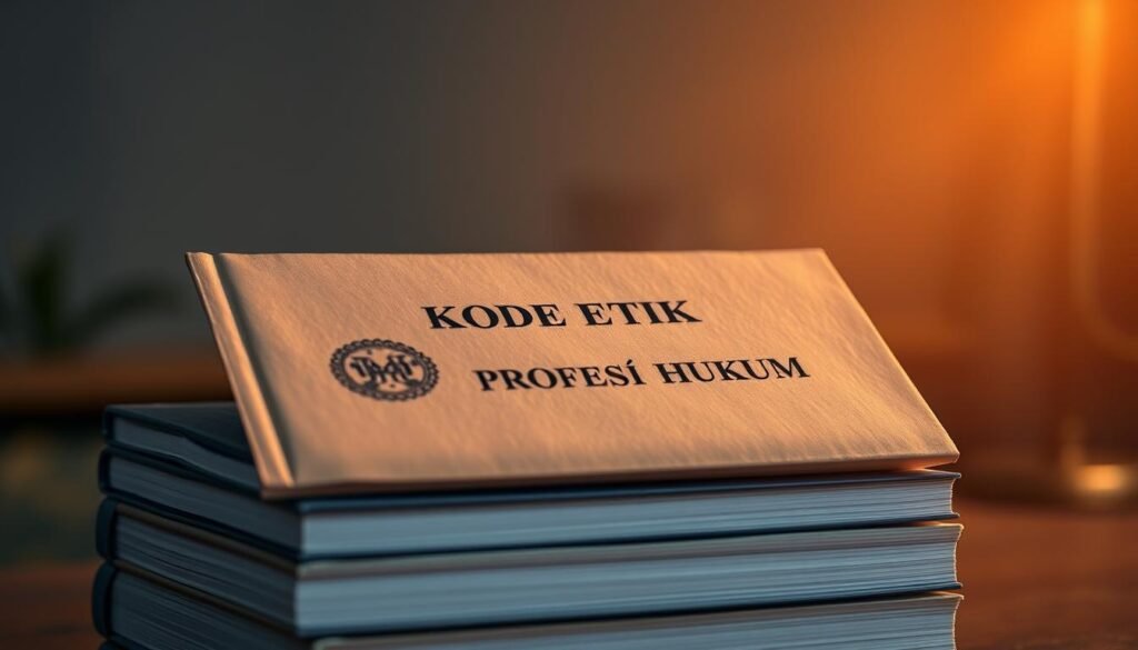 A close-up shot of a stack of books with a formal legal document titled "Kode Etik Profesi Hukum" resting on top, illuminated by warm, diffuse lighting. The document's cover features an embossed seal or insignia, conveying a sense of authority and professionalism. In the background, a blurred, introspective setting with muted colors and soft shadows, evoking a contemplative mood. The overall composition suggests the importance of ethical awareness and adherence to professional standards within the legal field.