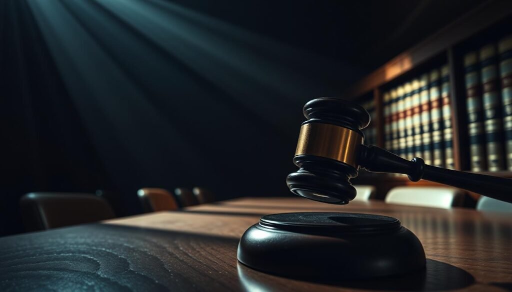 A close-up view of a judge's gavel slamming down on a desk, casting dramatic shadows across a dimly lit courtroom. The scene conveys a sense of solemn authority and the gravity of upholding the legal code of ethics. In the background, rows of law books line the shelves, their spines casting long shadows that suggest the weight and complexity of the law. The lighting is moody and atmospheric, with shafts of light cutting through the shadows to create a somber, contemplative mood. The camera angle is slightly low, emphasizing the power and importance of the judicial process.