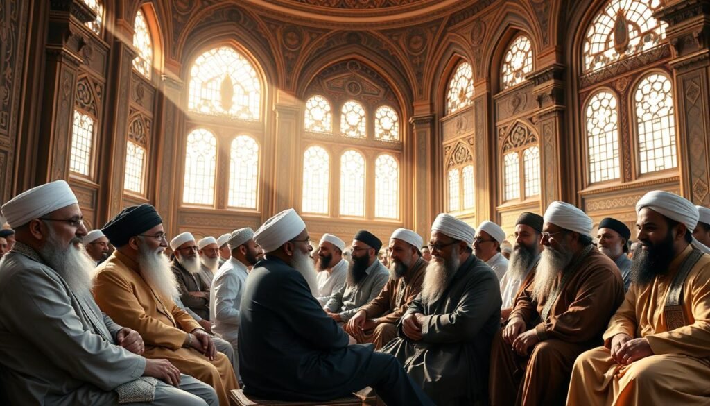 A diverse group of Islamic scholars from around the world, seated in a grand, ornate hall with intricate architectural details. Sunlight streams in through tall windows, casting a warm, contemplative glow. The ulama, garbed in traditional robes and headdresses, engage in lively discussion, their faces reflecting deep wisdom and thoughtful consideration of global religious and social issues. The scene conveys a sense of unity, cultural exchange, and the influential role of these respected religious leaders in shaping the international Islamic community.