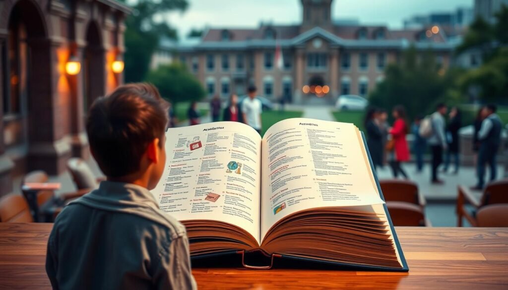 A large, beautifully illustrated book open on a wooden table, revealing pages displaying a variety of academic disciplines. In the foreground, a thoughtful young person stands before the open book, carefully considering their options. Soft, warm lighting illuminates the scene, creating a contemplative atmosphere. The background features a blurred university campus, with various buildings and students in the distance, suggesting the broader academic context. The image conveys the process of carefully selecting a field of study that aligns with one's interests, aptitudes, and future prospects.