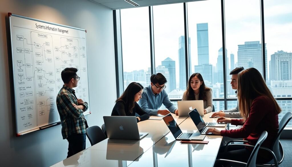 A modern, professional office setting with a group of university students engaged in a systems information management course. The foreground features a large whiteboard displaying complex data flow diagrams, UML models, and software architecture patterns. In the middle ground, students collaborate around a sleek conference table, laptops open, intensely discussing project requirements and software design. The background showcases floor-to-ceiling windows overlooking a bustling city skyline, conveying a sense of corporate dynamism and technological innovation. Soft, directional lighting accentuates the studious atmosphere, while a minimalist, contemporary aesthetic permeates the scene.