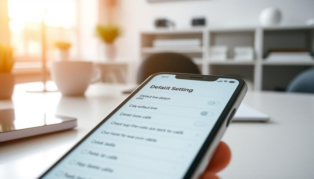 A close-up view of an iPhone displaying the "Default Line" settings interface for eSIM activation. The foreground features the iPhone, with a clear focus on the settings screen, showing options for selecting a default line for data and calls. The middle ground features soft, blurred hands gently navigating the touch screen, indicating user interaction. The background consists of a bright, soft-focus modern workspace, with a sleek desk and minimalistic decor, enhancing the mood of professionalism and technology. Natural light filters through a nearby window, creating a warm, inviting atmosphere. The overall composition should convey clarity, focus, and ease of use, ideal for a tech tutorial context.