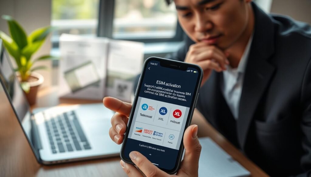 A focused workspace depicting a professional setting, showcasing a close-up of an iPhone with an eSIM activation screen, emphasizing the interface showing relevant telecom provider logos like Telkomsel, XL, and Indosat. In the foreground, a person in smart casual attire examines the phone, displaying a thoughtful expression as they troubleshoot common eSIM activation issues. The middle layer presents a soft blur of a laptop and support documents related to eSIM activation, enhancing the atmosphere of a tech-savvy environment. The background features a well-organized desk with a plant and a notepad, bathed in natural light streaming from a window, creating an inviting and solution-oriented mood. The overall composition should convey a sense of professionalism and reliability.