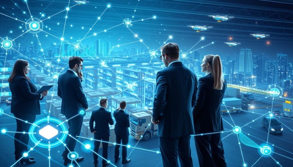 A futuristic representation of a smart supply chain, featuring interconnected digital nodes symbolizing blockchain technology and IoT devices. In the foreground, a diverse group of professionals in business attire collaborates over a holographic display showing supply chain analytics. In the middle ground, a dynamic warehouse with automated robotic systems managing inventory can be seen, intertwined with glowing data streams. The background reveals a city skyline with smart transportation vehicles and drones in motion, indicating a seamless flow of goods. Ambient lighting enhances the high-tech atmosphere, with a cool blue and green color palette, showcasing innovation and connectivity in modern logistics. The angle is slightly elevated, capturing the full scope of this advanced supply chain ecosystem. A futuristic representation of a smart supply chain, featuring interconnected digital nodes symbolizing blockchain technology and IoT devices. In the foreground, a diverse group of professionals in business attire collaborates over a holographic display showing supply chain analytics. In the middle ground, a dynamic warehouse with automated robotic systems managing inventory can be seen, intertwined with glowing data streams. The background reveals a city skyline with smart transportation vehicles and drones in motion, indicating a seamless flow of goods. Ambient lighting enhances the high-tech atmosphere, with a cool blue and green color palette, showcasing innovation and connectivity in modern logistics. The angle is slightly elevated, capturing the full scope of this advanced supply chain ecosystem.