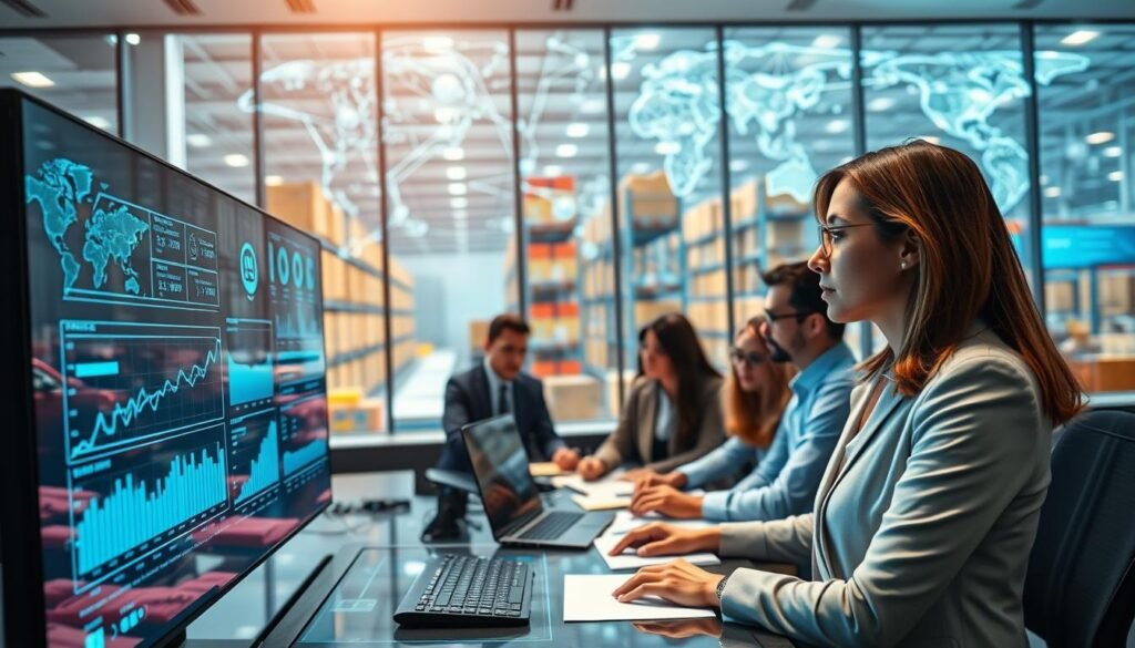 A futuristic supply chain control room, showcasing the benefits of a smart supply chain. In the foreground, a professional businesswoman in smart attire analyzes data on a transparent screen filled with graphs and IoT device visuals. In the middle ground, diverse team members collaborate around a high-tech table, with digital maps of blockchain networks and supply routes projected above. The background features a large window showing a bustling warehouse optimized by IoT devices. The lighting is bright and modern, highlighting the technological atmosphere. Capture this scene from a slightly elevated angle, emphasizing teamwork and innovation in the context of a smart supply chain, creating an atmosphere of efficiency and forward-thinking. A futuristic supply chain control room, showcasing the benefits of a smart supply chain. In the foreground, a professional businesswoman in smart attire analyzes data on a transparent screen filled with graphs and IoT device visuals. In the middle ground, diverse team members collaborate around a high-tech table, with digital maps of blockchain networks and supply routes projected above. The background features a large window showing a bustling warehouse optimized by IoT devices. The lighting is bright and modern, highlighting the technological atmosphere. Capture this scene from a slightly elevated angle, emphasizing teamwork and innovation in the context of a smart supply chain, creating an atmosphere of efficiency and forward-thinking.