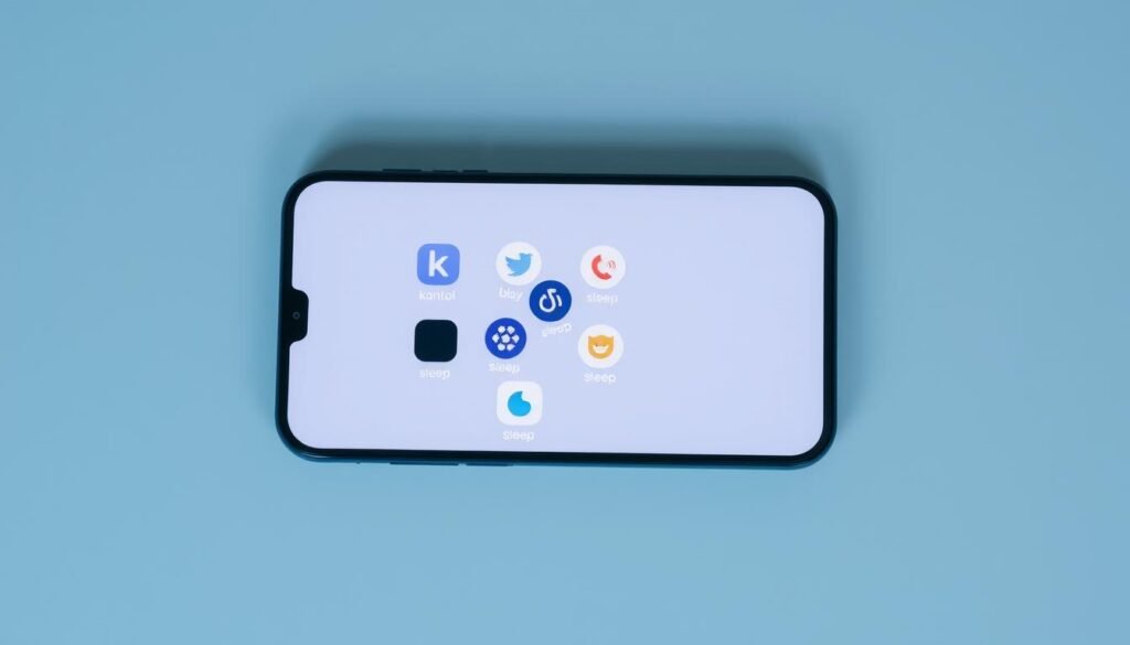 A sleek, minimalist user interface showcasing a smartphone screen displaying various app icons labeled "kontrol" and "sleep". The icons are arranged in a clean, organized grid layout against a subtle, muted background hue. Soft, directional lighting casts gentle shadows, emphasizing the depth and texture of the display. The overall aesthetic is modern, refined, and focuses the viewer's attention on the app management capabilities. No distracting elements or text overlays, just a clear, streamlined representation of app-level sleep controls.