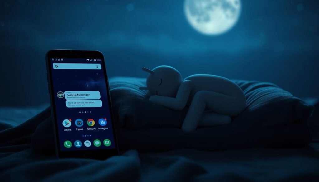 A sleeping android messenger with a serene, moonlit atmosphere. In the foreground, a smartphone screen displays the messenger app's interface, its icons and UI elements softly illuminated. The messenger itself is depicted as a sleepy android figure, curled up and resting peacefully against a plush, night-blue cushion. The background is a tranquil, starry sky, creating a sense of deep, restful calm. Muted, atmospheric lighting casts gentle shadows and highlights the messenger's relaxed pose. The overall scene conveys a sense of peaceful, effortless rest, reflecting the "deep sleep" scenario described in the article.