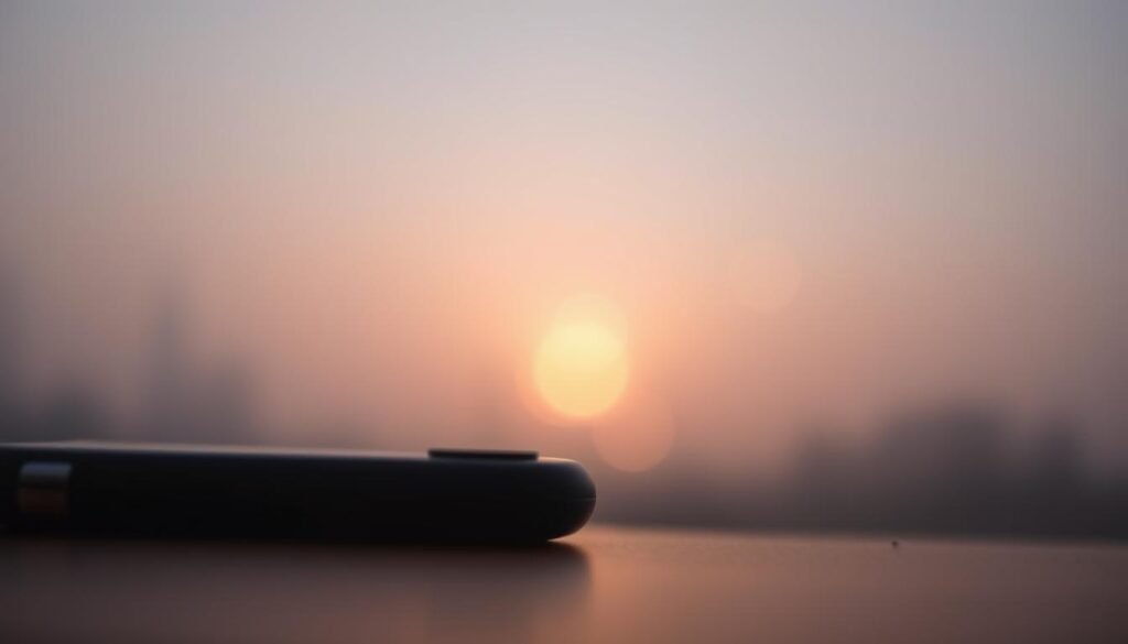 A soft, dreamlike blur envelops the scene, creating a hazy, atmospheric ambiance. In the foreground, the subject - a mobile phone's camera lens - is slightly out of focus, its edges gently fading into the background. The lighting is warm and diffuse, casting a warm glow across the frame. In the middle ground, the background is strategically blurred, drawing the viewer's attention to the central subject and emphasizing the depth of field effect. Subtle bokeh circles dance across the frame, adding a sense of depth and movement. The overall mood is one of tranquility and artistry, showcasing the capabilities of advanced mobile photography techniques.