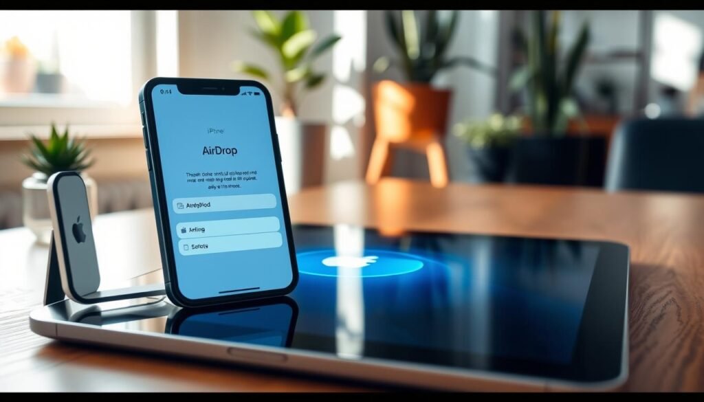 A close-up view of an iPhone and an iPad positioned on a wooden desk, showcasing the AirDrop transfer interface. The iPhone, on the left, displays the AirDrop menu with a glowing blue highlight around the iPad on the right. Soft natural light streams through a nearby window, casting gentle shadows and creating a warm, inviting atmosphere. In the background, blurred hints of a cozy home office environment, with plants and minimalistic decor, enhance the focus on the devices. The angle captures the sense of seamless connectivity, emphasizing modern technology and communication. Ensure both devices are represented in a professional manner without any text, distractions, or watermarks. A close-up view of an iPhone and an iPad positioned on a wooden desk, showcasing the AirDrop transfer interface. The iPhone, on the left, displays the AirDrop menu with a glowing blue highlight around the iPad on the right. Soft natural light streams through a nearby window, casting gentle shadows and creating a warm, inviting atmosphere. In the background, blurred hints of a cozy home office environment, with plants and minimalistic decor, enhance the focus on the devices. The angle captures the sense of seamless connectivity, emphasizing modern technology and communication. Ensure both devices are represented in a professional manner without any text, distractions, or watermarks.