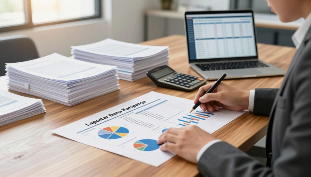 A detailed illustration depicting a financial report on campaign funds titled "Laporan Dana Kampanye." In the foreground, a professional-looking businessperson, dressed in a tailored suit, is examining a series of colorful charts and graphs spread on a polished wooden table, symbolizing transparency. In the middle ground, stacks of documents with labels like "Campaign Finance" and "Transparency Report" are neatly organized, alongside a calculator and a laptop showing data analytics. The background features a modern office environment with large windows allowing soft natural light to filter in, casting a warm ambiance, enhancing the atmosphere of professionalism and diligence. The overall mood conveys concern and urgency regarding the gaps in financial reporting and questions surrounding campaign funding transparency.