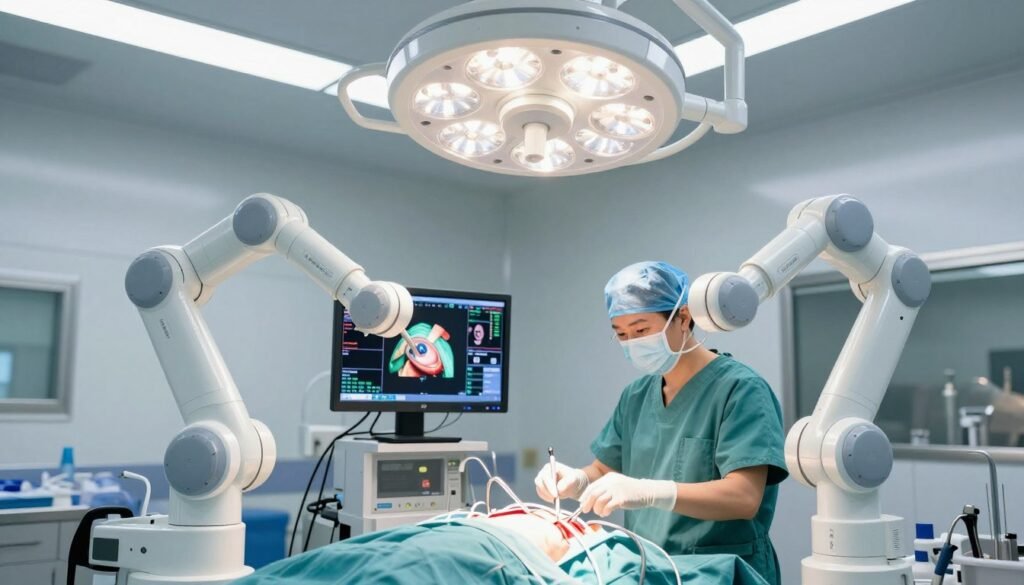 A detailed illustration of robotic surgery components in a modern operating room. In the foreground, showcase the intricate robotic arms equipped with advanced surgical instruments, glistening under bright, sterile overhead lights. In the middle, include a high-resolution monitor displaying real-time surgical data and 3D visuals of the surgical site. In the background, depict a surgeon in professional scrubs, focused and engaged, overseeing the robotic system with precision. The room should have a clean, high-tech atmosphere, with shadows contrasting the bright lights to create depth. The overall mood must evoke a sense of innovation and meticulousness, emphasizing the marriage of technology and human expertise in surgery.