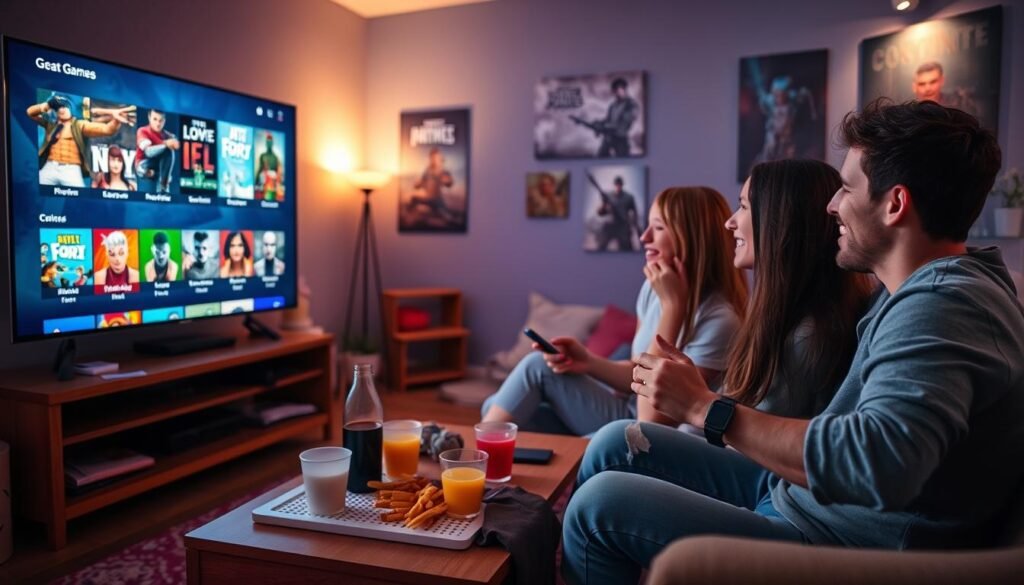 A dynamic scene of a young adult male and female, both casually dressed, seated at a vibrant gaming setup in a cozy living room. In the foreground, they are enthusiastically considering various game options displayed on a large TV screen, showcasing colorful game icons and enticing visuals. The middle layer includes a coffee table filled with snacks and drinks, adding to the relaxed atmosphere. In the background, soft ambient lighting creates a warm, inviting mood, with posters of popular games adorning the walls. The camera angle captures their expressions of excitement and contemplation, emphasizing the fun and engaging nature of choosing a game.