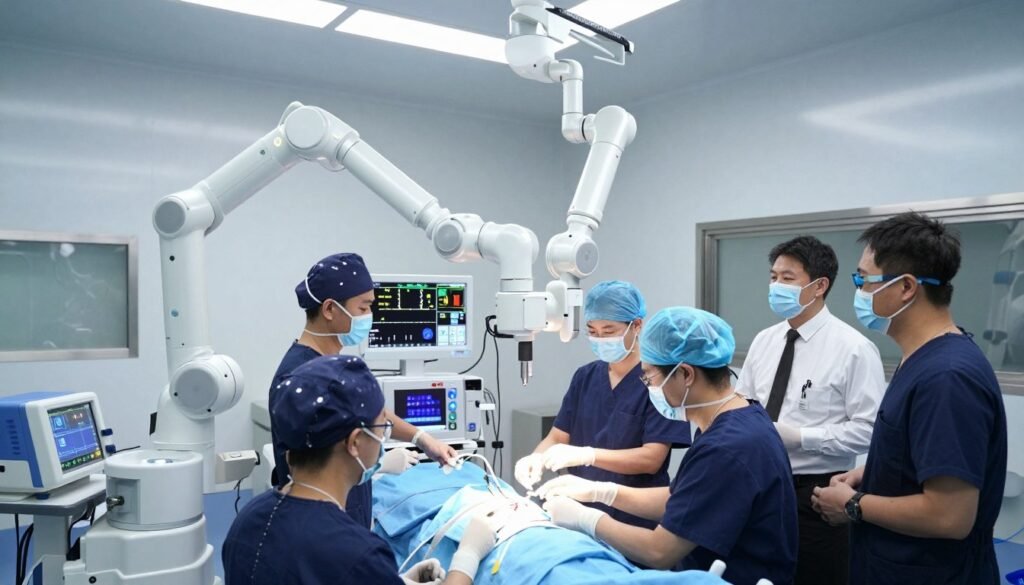 A futuristic surgical room filled with advanced robotic surgery equipment, showcasing a state-of-the-art robotic surgical system in action. In the foreground, a team of medical professionals in professional business attire, including surgeons and nurses, carefully monitor the robotic arms as they perform a delicate procedure. The middle ground features a glowing surgical monitor displaying vital patient statistics, while high-tech gadgets emit soft blue lights, highlighting the innovative technology. The background depicts a sleek, modern hospital environment with large windows allowing natural light to seep in, casting a bright and sterile atmosphere. The mood is focused and collaborative, emphasizing the blend of technology and human expertise in the field of robotic surgery in Indonesia. Captured from a slightly elevated angle to encompass both the advanced equipment and the attentive medical team.