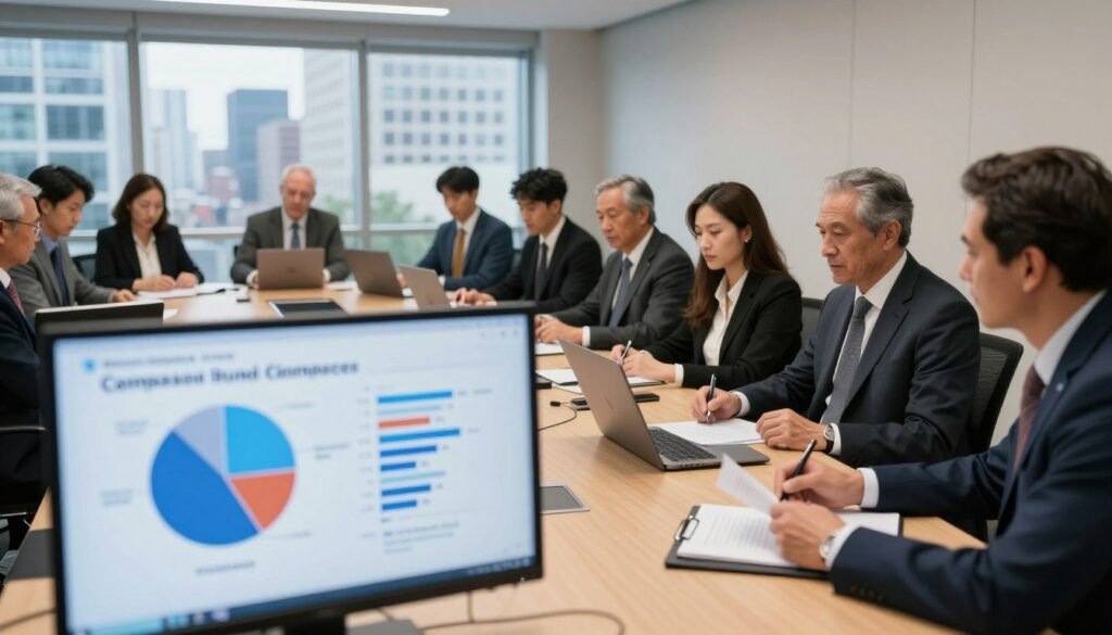 A professional meeting room setting with a long table occupied by diverse individuals in business attire, discussing campaign finance. The foreground features a clear view of a digital screen displaying pie charts and graphs representing campaign fund allocations and transparency issues. In the middle, people engage, some taking notes, while others review documents, highlighting collaboration. The background shows a large window with a cityscape view, suggesting an urban political environment. Soft overhead lighting creates a serious, yet constructive atmosphere, emphasizing the importance of fairness in competition. Capture the scene from a slightly elevated angle for depth, focusing on the interactions and the technology involved.
