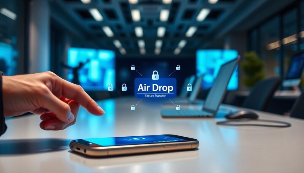 A sleek, modern digital workspace featuring a close-up view of a smartphone showcasing the AirDrop interface, illuminated with soft blue and green lights to symbolize security and privacy. In the foreground, a hand in a professional business attire interacts with the device, indicating a secure transfer in progress. In the middle ground, the phone displays a vibrant AirDrop notification surrounded by visual elements like locks and shields representing data protection. The background features a blurred high-tech office environment with soft-focus screens and gadgets emphasizing a professional mood. The overall atmosphere conveys a sense of reliability and cutting-edge technology, with inspirations of security protocols and seamless connectivity. A sleek, modern digital workspace featuring a close-up view of a smartphone showcasing the AirDrop interface, illuminated with soft blue and green lights to symbolize security and privacy. In the foreground, a hand in a professional business attire interacts with the device, indicating a secure transfer in progress. In the middle ground, the phone displays a vibrant AirDrop notification surrounded by visual elements like locks and shields representing data protection. The background features a blurred high-tech office environment with soft-focus screens and gadgets emphasizing a professional mood. The overall atmosphere conveys a sense of reliability and cutting-edge technology, with inspirations of security protocols and seamless connectivity.