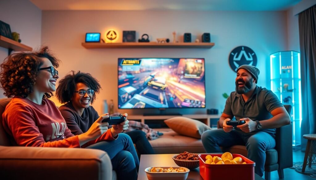 A vibrant and dynamic scene depicting a diverse group of four friends engaged in a video game session in a cozy, modern living room. In the foreground, a young woman with curly hair and glasses sits on a comfortable sofa, intensely focused on her controller, while a man with a beanie and casual attire sits next to her, laughing and cheering. In the middle, a large, high-definition television displays an action-packed game scenario, illuminated by colorful lights from the screen, creating a lively atmosphere. The background features soft, warm lighting, with shelves decorated with gaming memorabilia and snacks on a coffee table. The mood is energetic and friendly, capturing the excitement of gaming together.