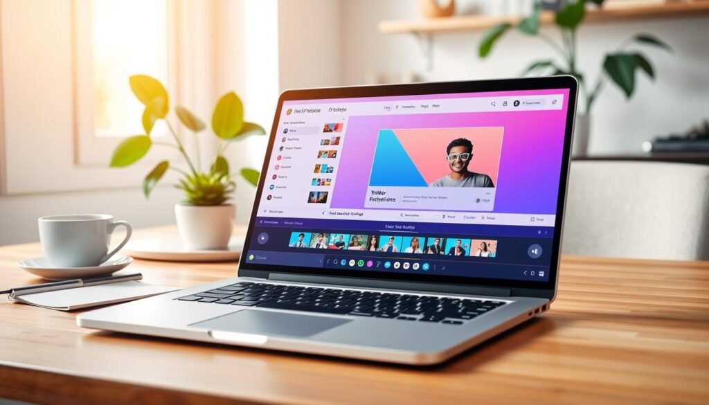 A vibrant and modern interface of a free video-making platform displayed on a sleek laptop on a wooden desk in a well-lit, cozy workspace. In the foreground, the laptop screen shows a colorful dashboard with various video editing tools and icons, emphasizing user-friendly features. The middle layer features an organized workspace with a potted plant and a cup of coffee, adding a touch of inspiration. The background includes soft, natural light streaming through a window, creating a warm and inviting atmosphere. The scene conveys innovation and creativity, capturing the essence of using AI to generate videos from text. This composition reflects a contemporary, professional setting perfect for showcasing cutting-edge technology.