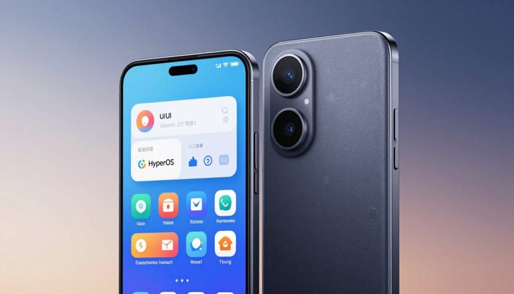 A close-up view of a smartphone showcasing contrasting interfaces of two operating systems: One UI and HyperOS. In the foreground, display the home screens with vibrant app icons and innovative widgets. The middle ground features the smartphones side by side, with one emphasizing a sleek design and the other showcasing a textured back for better grip. The background fades into a subtle tech-themed gradient that highlights the modern aesthetic of the devices. Soft, diffused lighting creates an inviting atmosphere, casting gentle reflections on the screens. The angle is slightly elevated to enhance depth and detail, focusing on the user experience and build quality of both operating systems while maintaining a clean, professional look. A close-up view of a smartphone showcasing contrasting interfaces of two operating systems: One UI and HyperOS. In the foreground, display the home screens with vibrant app icons and innovative widgets. The middle ground features the smartphones side by side, with one emphasizing a sleek design and the other showcasing a textured back for better grip. The background fades into a subtle tech-themed gradient that highlights the modern aesthetic of the devices. Soft, diffused lighting creates an inviting atmosphere, casting gentle reflections on the screens. The angle is slightly elevated to enhance depth and detail, focusing on the user experience and build quality of both operating systems while maintaining a clean, professional look.