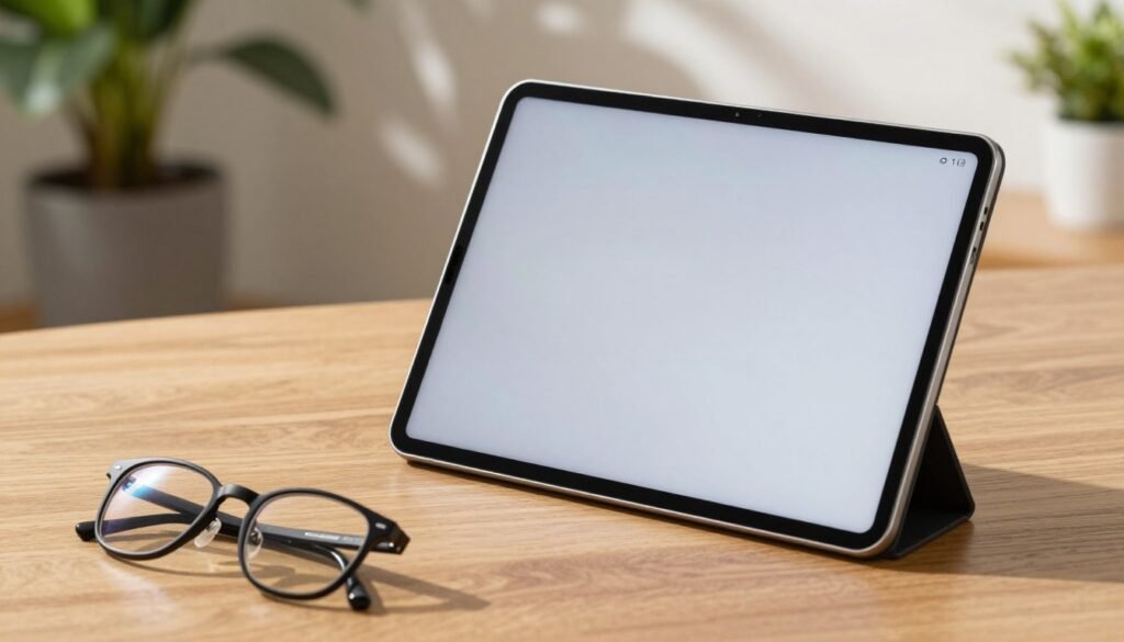 A sleek Huawei MatePad 11.5 S sits on a wooden desk, showcasing its PaperMatte display that reflects a soft and diffused light, eliminating glare. In the foreground, a pair of stylish reading glasses rests beside the tablet, hinting at its reading capabilities. The middle ground features a tranquil indoor setting with potted plants softly blurred, emphasizing a calm atmosphere. Sunlight filters through a nearby window, casting gentle shadows that enhance the texture of the PaperMatte surface. The overall mood should convey a sense of focus and sophistication, ideal for reading and writing. Capture this scene from a slightly elevated angle to highlight both the tablet and its surroundings, ensuring a professional look that invites exploration.