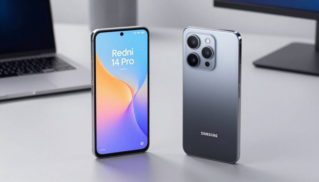 Create a high-resolution image showcasing the design and build quality of two smartphones, the Redmi Note 14 Pro and the Samsung A35. Position both devices prominently in the foreground, highlighting their sleek profiles and premium materials. The Redmi Note 14 Pro should exhibit a vibrant AMOLED display, while the Samsung A35 showcases a sturdy, minimalist design. Use soft, diffused lighting to enhance the textures of the phones, reflecting their glossy finishes. In the background, showcase a blurred modern workspace to give context, emphasizing an atmosphere of professionalism and technology. Capture the scene from a slightly elevated angle, giving a dynamic perspective that invites viewers to appreciate both devices' unique design elements and build quality. Aim for a clean, sophisticated mood that highlights the comparison while maintaining focus on the smartphones. Create a high-resolution image showcasing the design and build quality of two smartphones, the Redmi Note 14 Pro and the Samsung A35. Position both devices prominently in the foreground, highlighting their sleek profiles and premium materials. The Redmi Note 14 Pro should exhibit a vibrant AMOLED display, while the Samsung A35 showcases a sturdy, minimalist design. Use soft, diffused lighting to enhance the textures of the phones, reflecting their glossy finishes. In the background, showcase a blurred modern workspace to give context, emphasizing an atmosphere of professionalism and technology. Capture the scene from a slightly elevated angle, giving a dynamic perspective that invites viewers to appreciate both devices' unique design elements and build quality. Aim for a clean, sophisticated mood that highlights the comparison while maintaining focus on the smartphones.